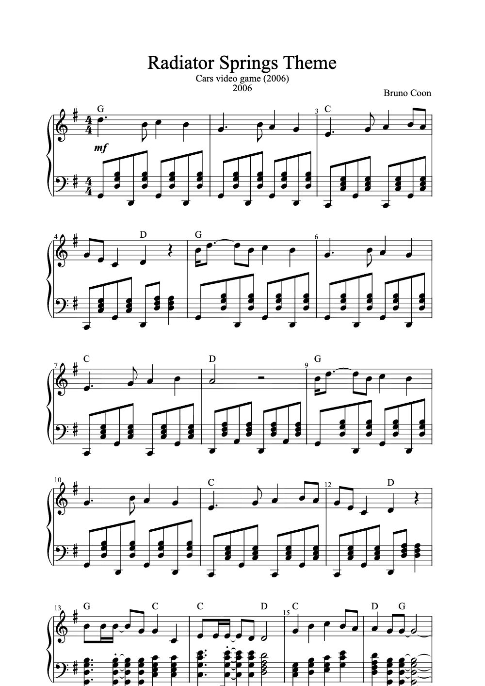 Sheet music preview for Radiator Springs Theme