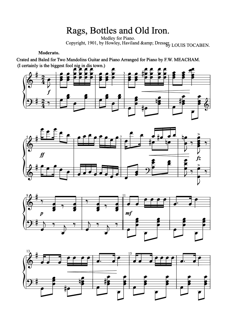 Sheet music preview for Rags, Bottles and Old Iron