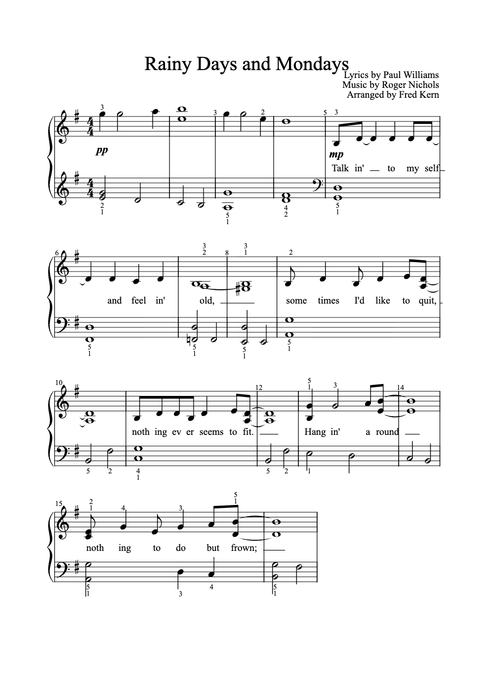 Sheet music preview for Rainy Days and Mondays