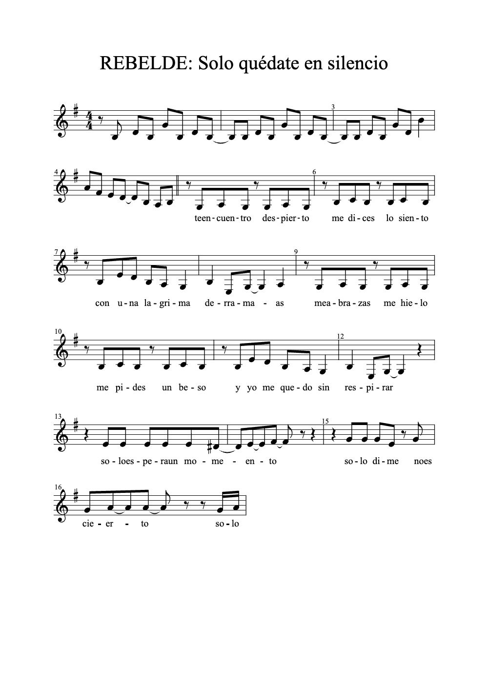 Sheet music preview for Rebelde: Solo Quédate en Silencio