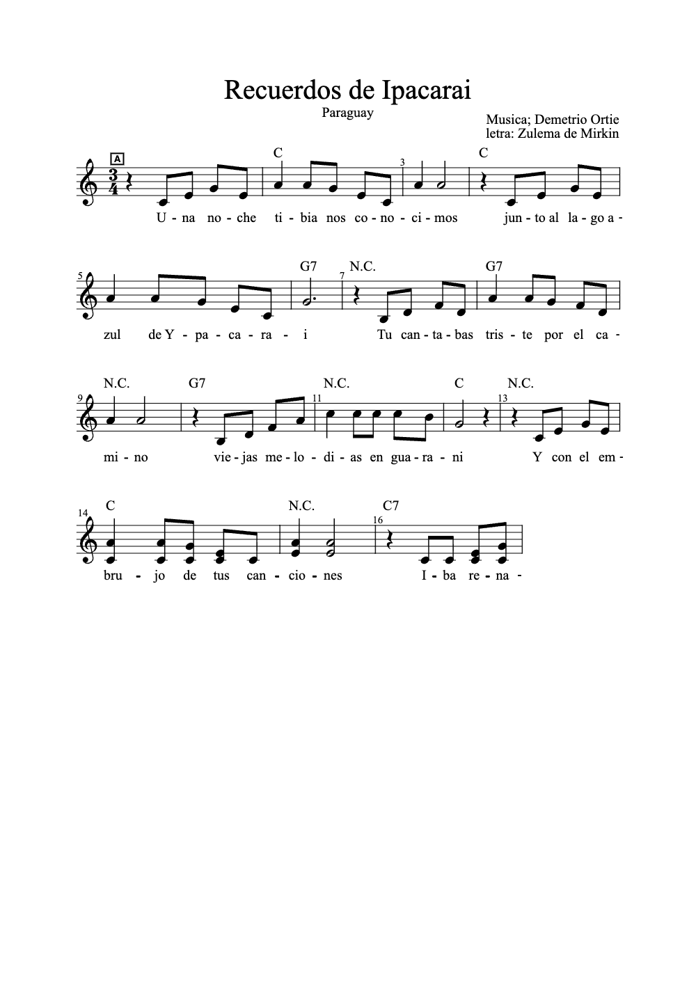 Sheet music preview for Recuerdos de Iparacaí