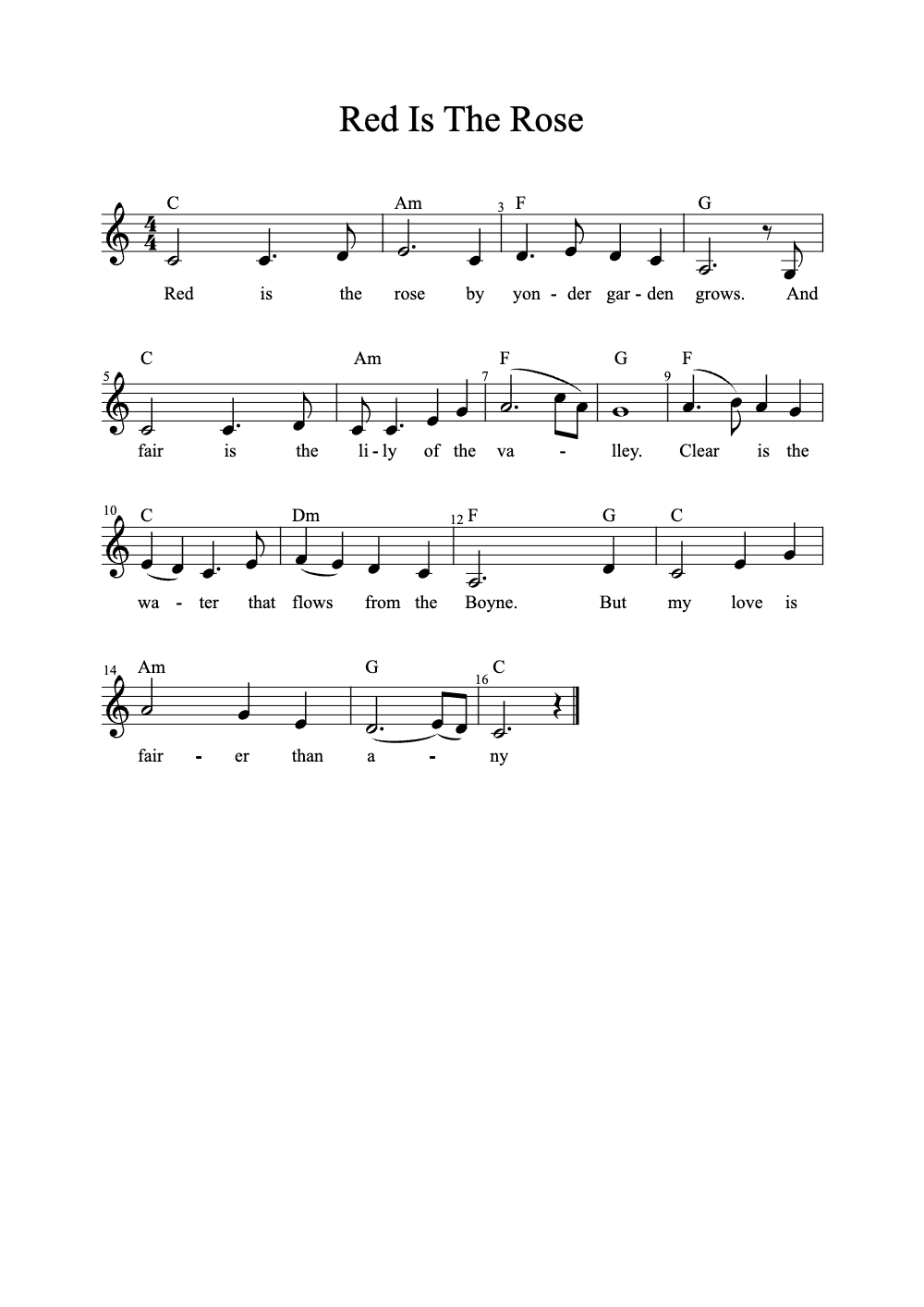 Sheet music preview for Red Is the Rose