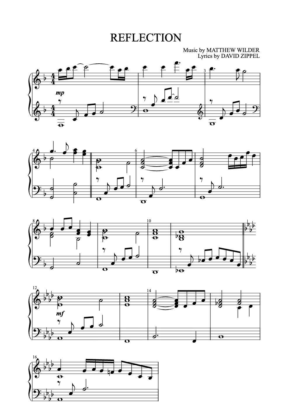 Sheet music preview for Reflection