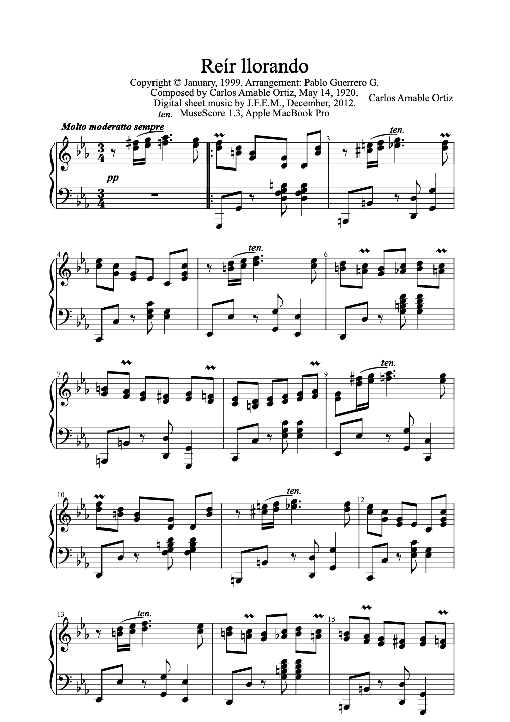 Sheet music preview for Reír Llorando