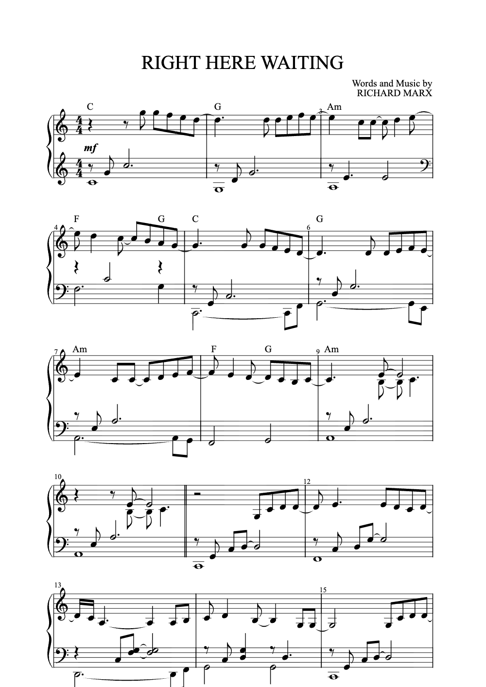 Sheet music preview for Right Here Waiting
