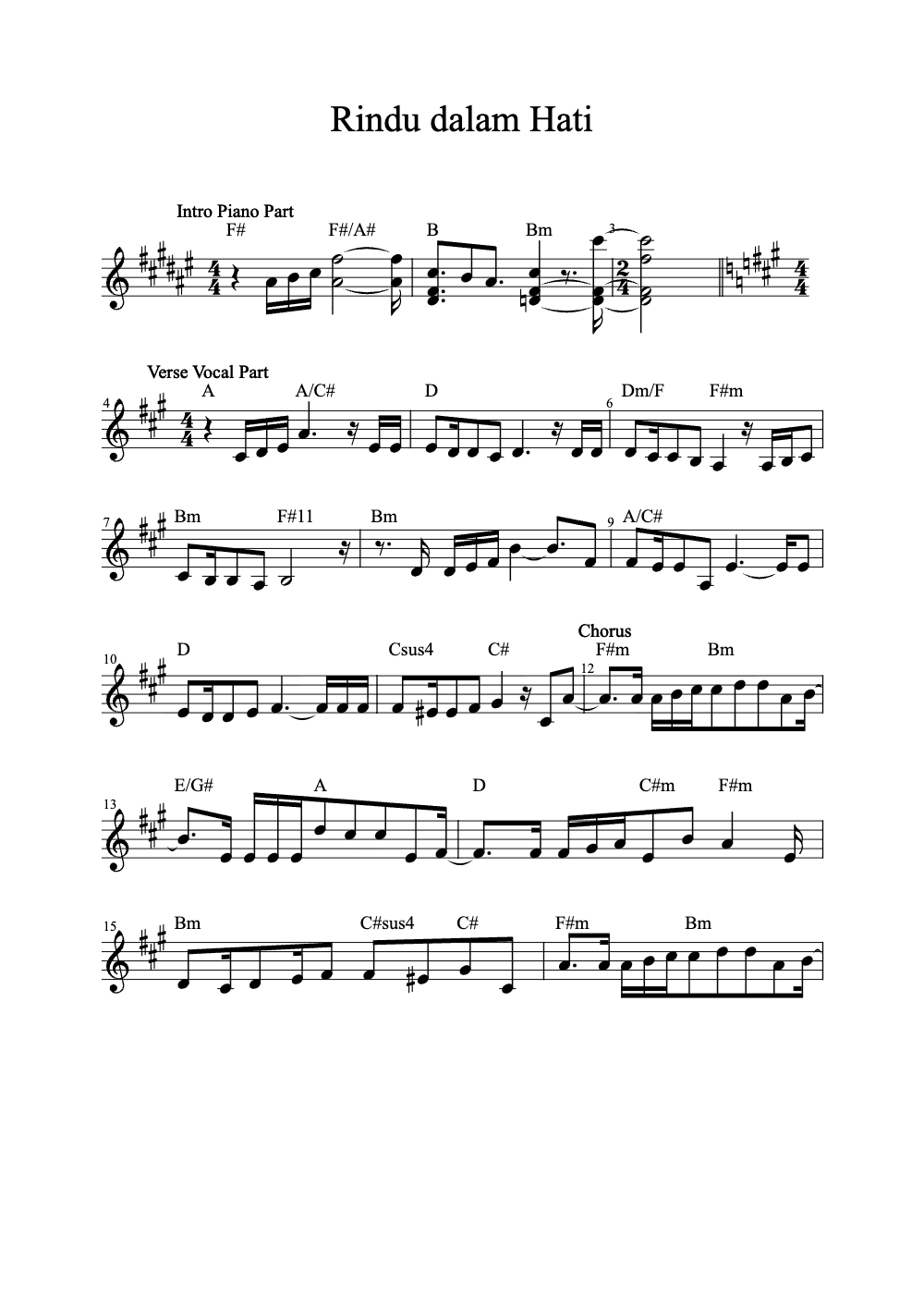 Sheet music preview for Rindu Dalam Hati