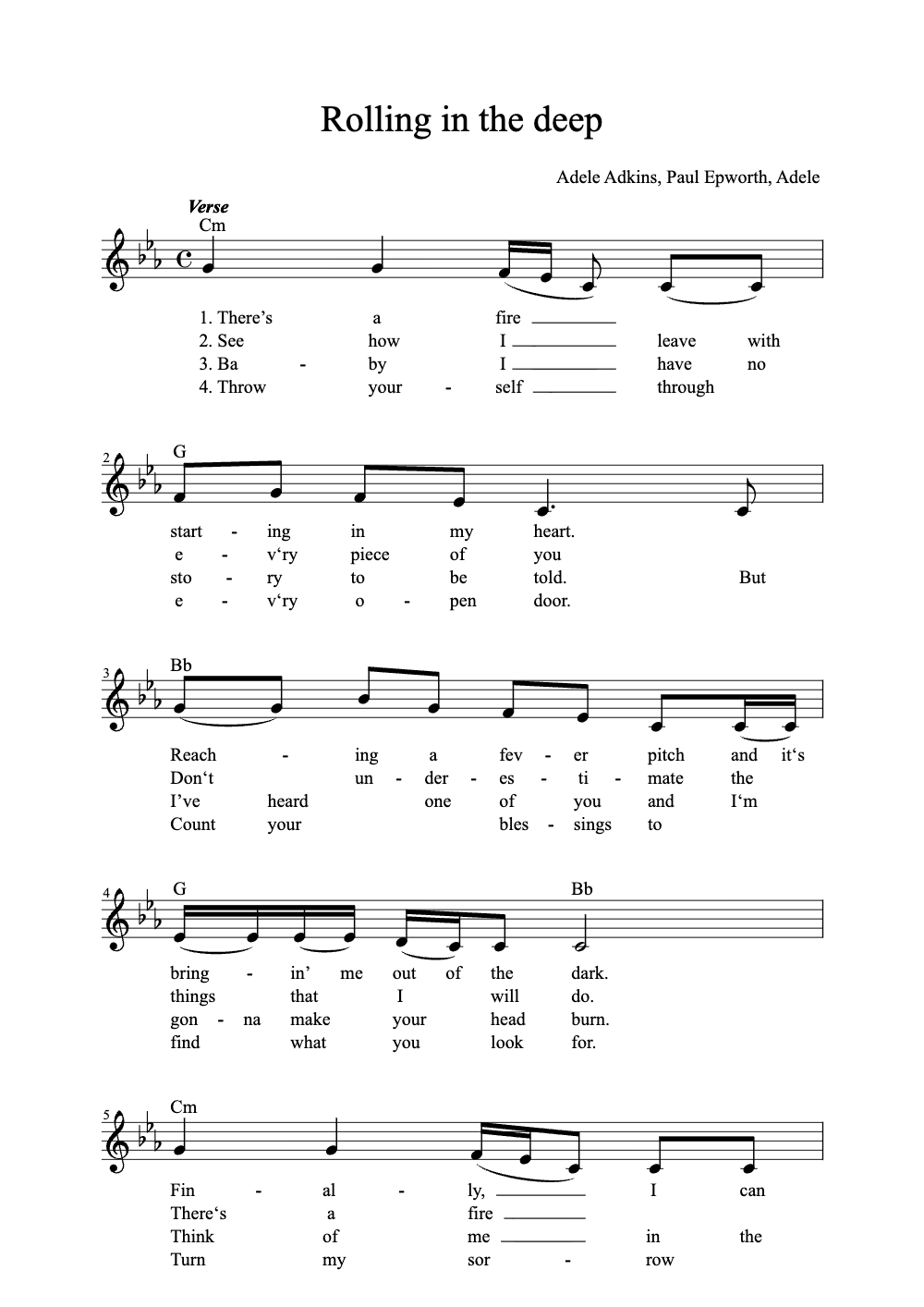 Sheet music preview for Rolling in the Deep