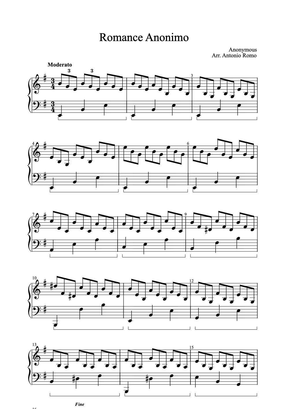 Sheet music preview for Romance Anonimo