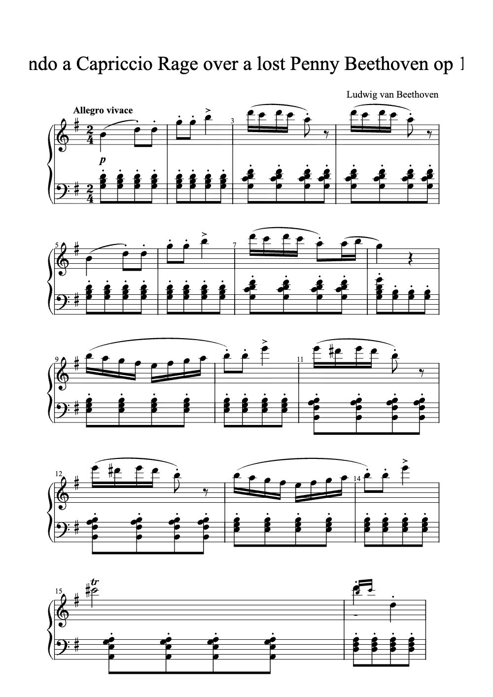 Sheet music preview for Rondo a Capriccio: Rage Over a Lost Penny