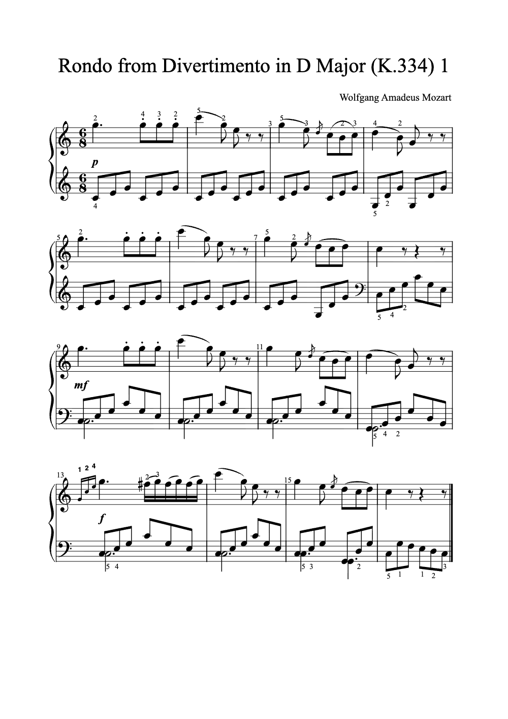 Sheet music preview for Rondo from Divertimento in D Major