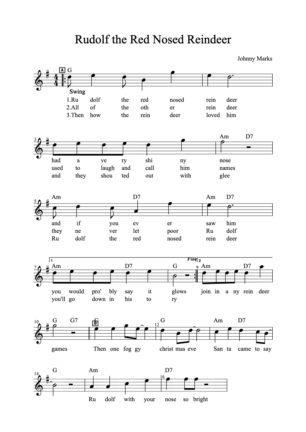 Sheet music preview for Rudolph the Red-Nosed Reindeer