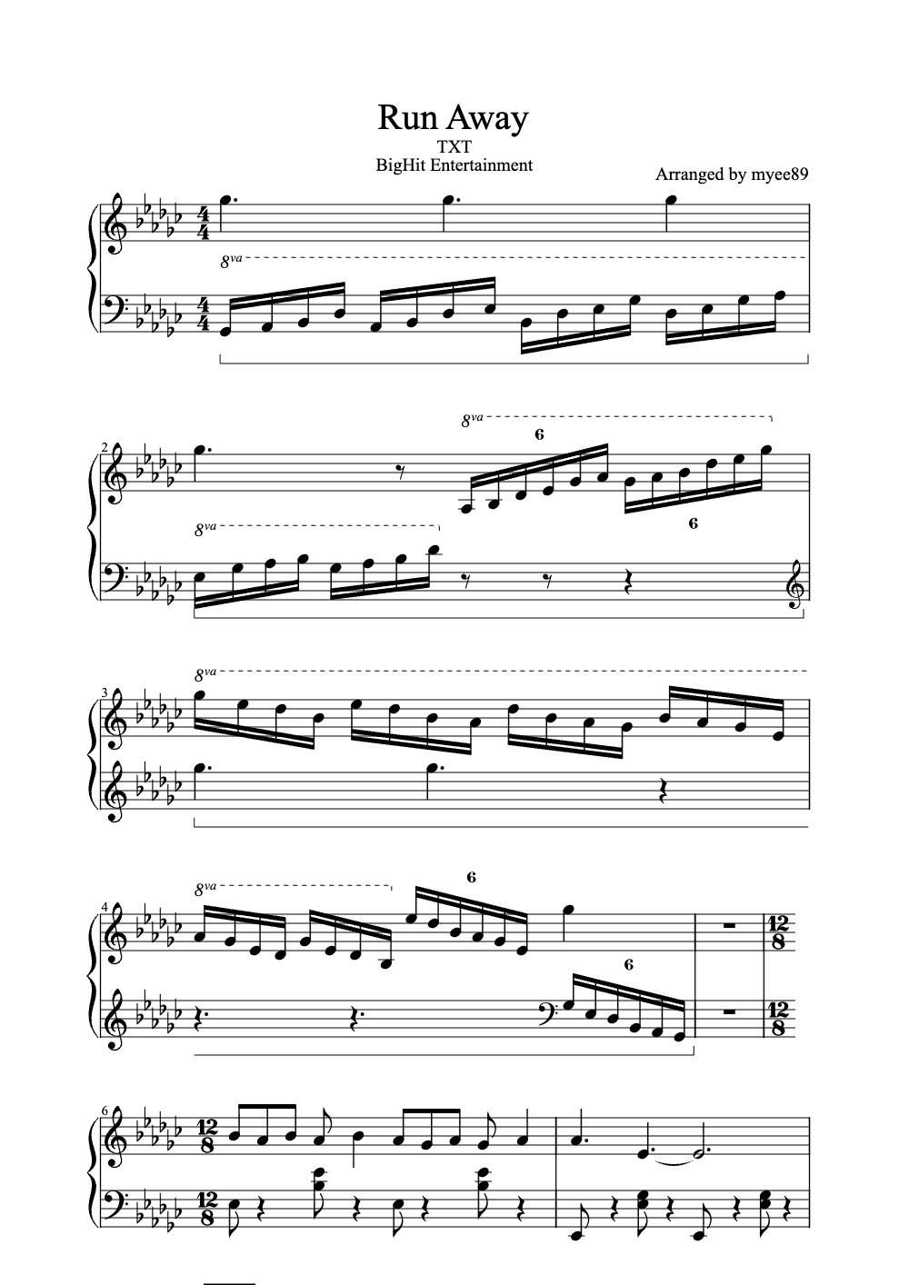 Sheet music preview for Run Away