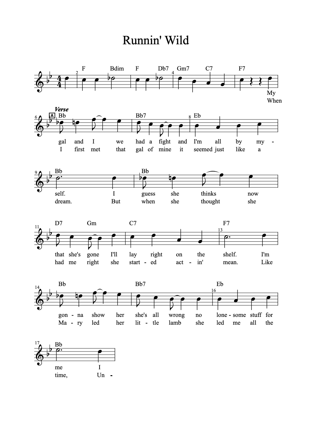 Sheet music preview for Runnin' Wild