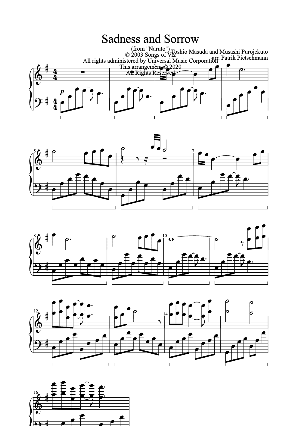Sheet music preview for Sadness and Sorrow