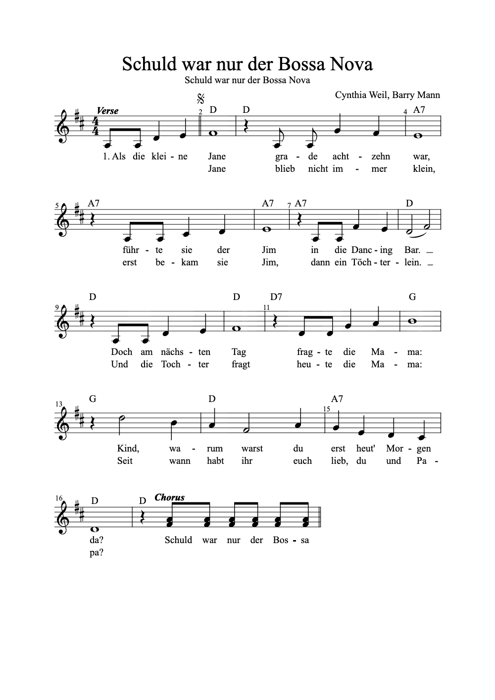 Sheet music preview for Schuld War Nur Der Bossa Nova