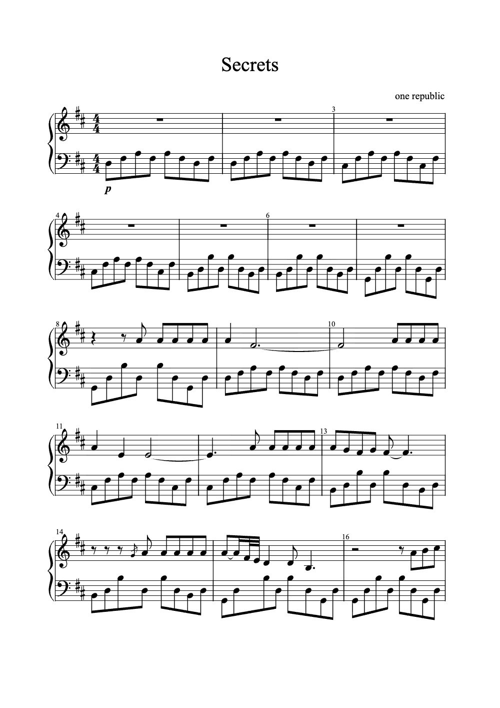Sheet music preview for Secrets