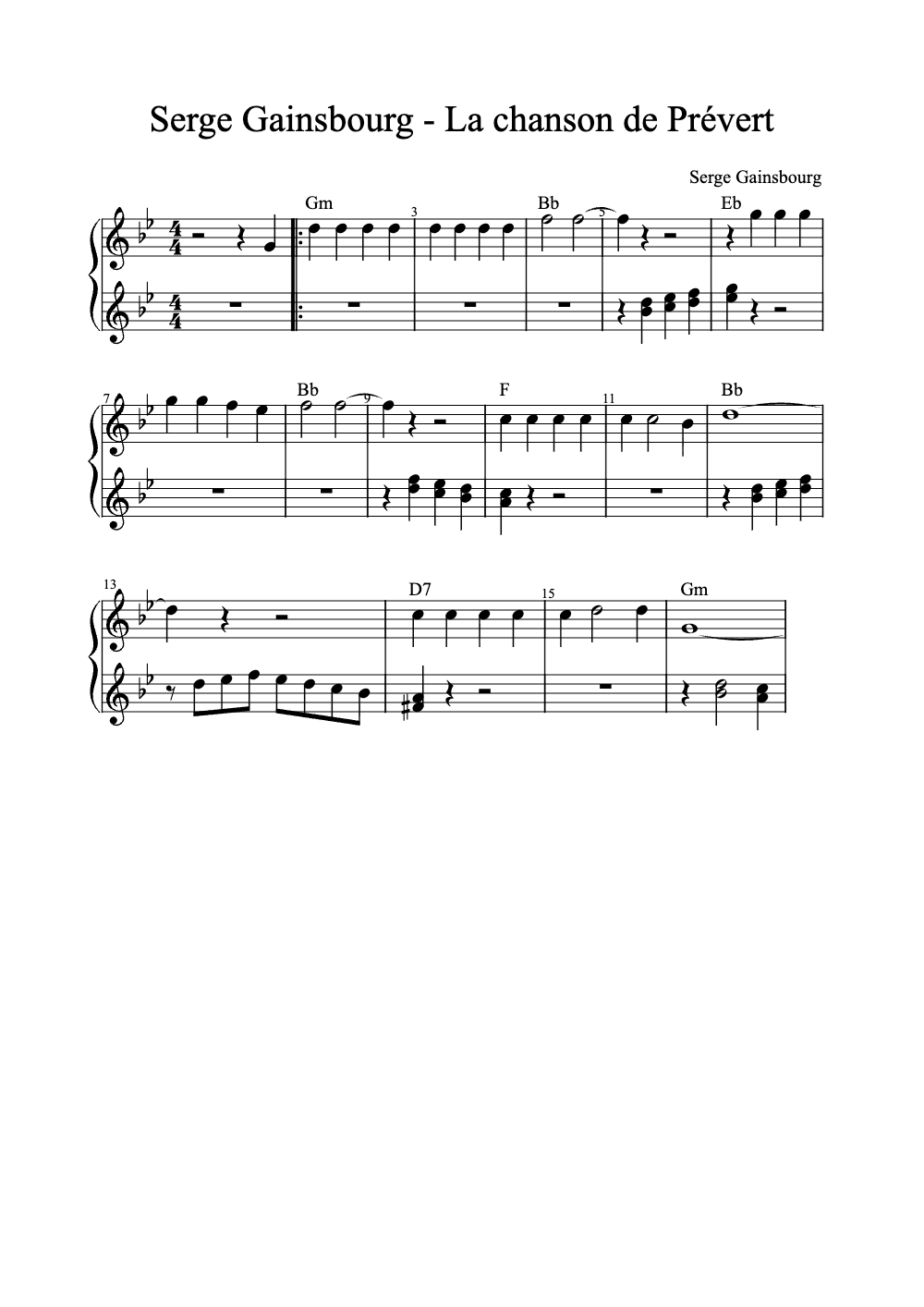 Sheet music preview for La Chanson de Prévert