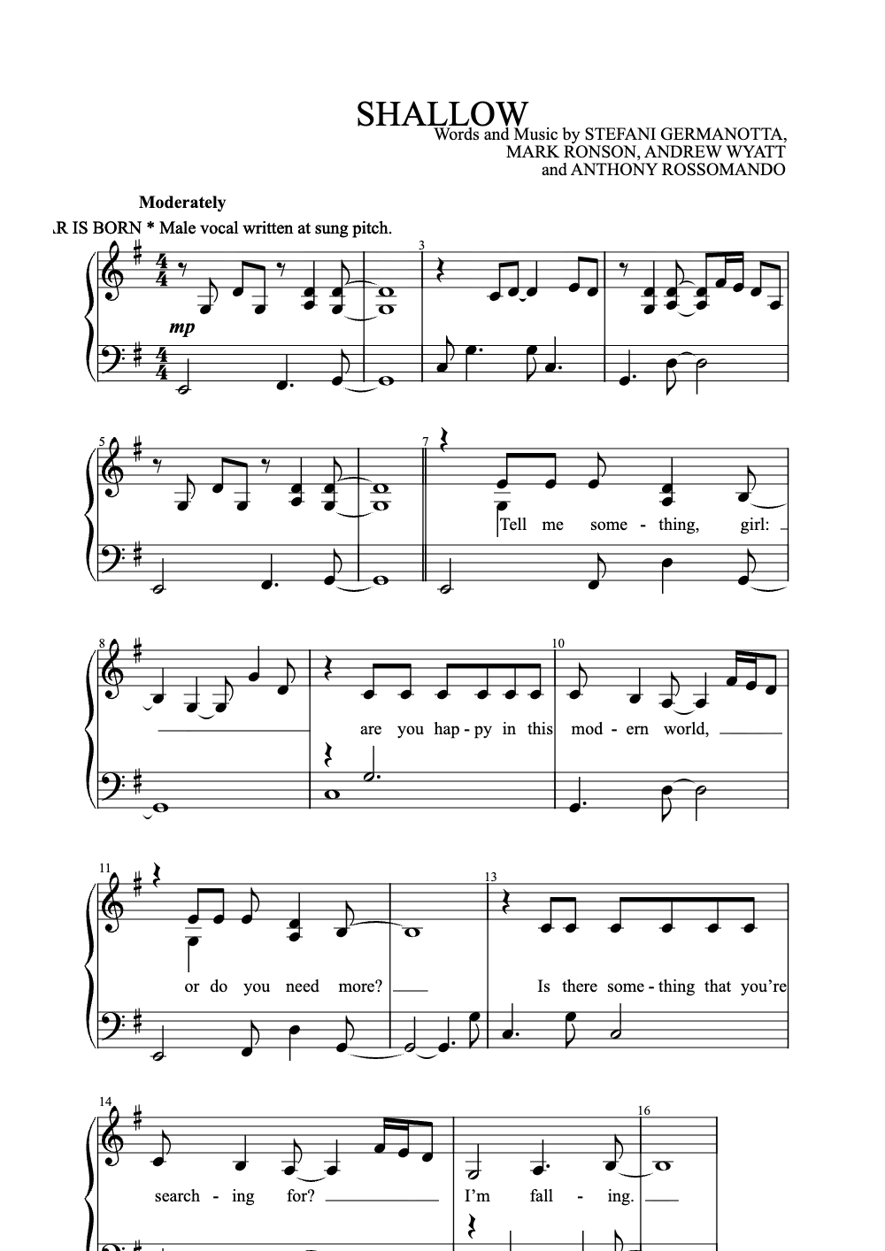 Sheet music preview for Shallow