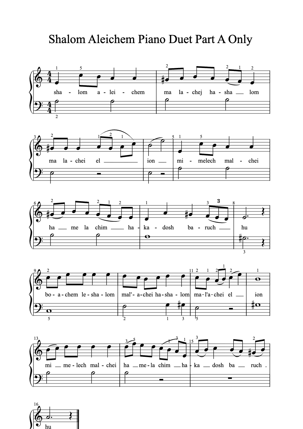Sheet music preview for Shalom Aleichem