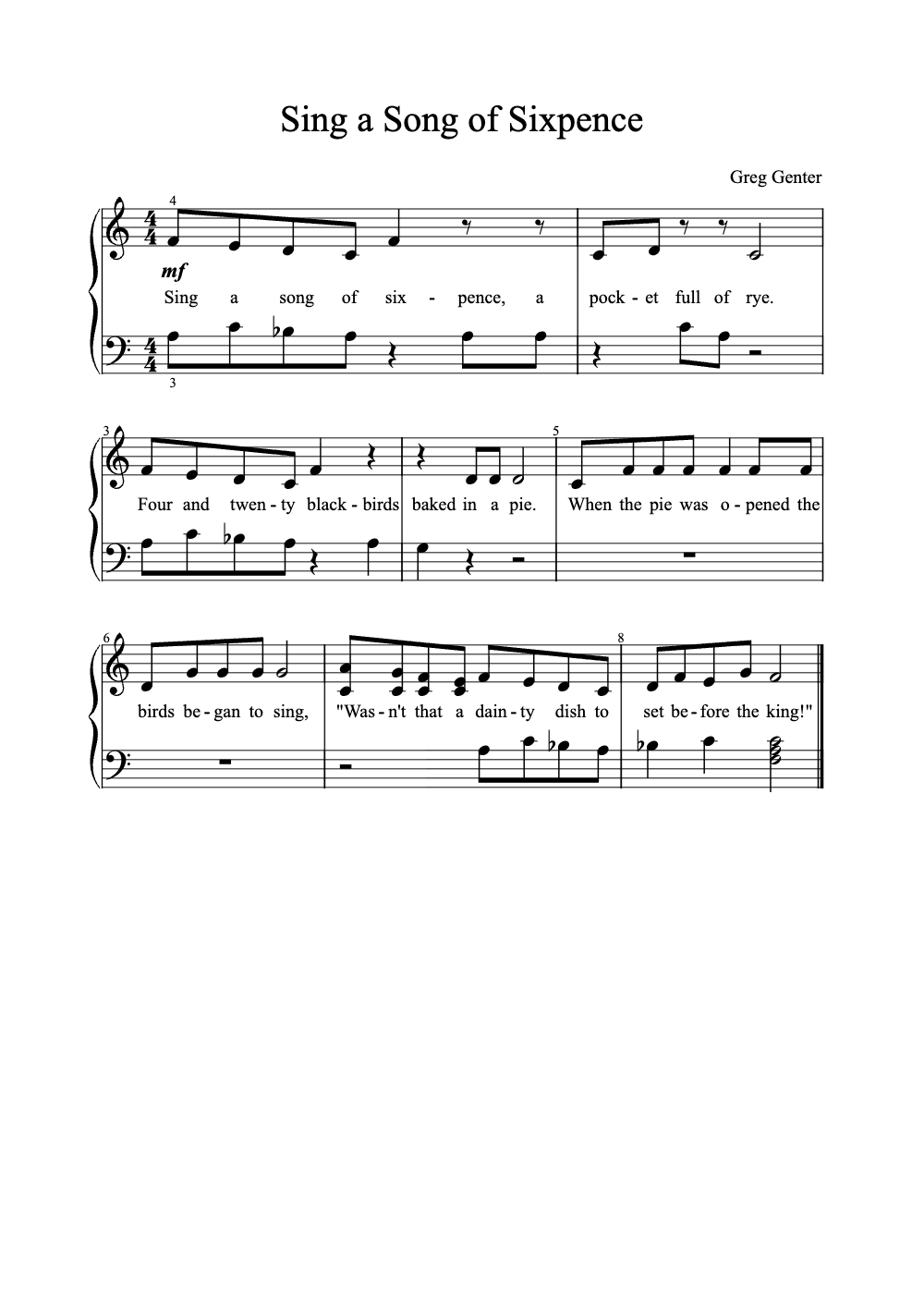 Sheet music preview for Sing a Song of Sixpence