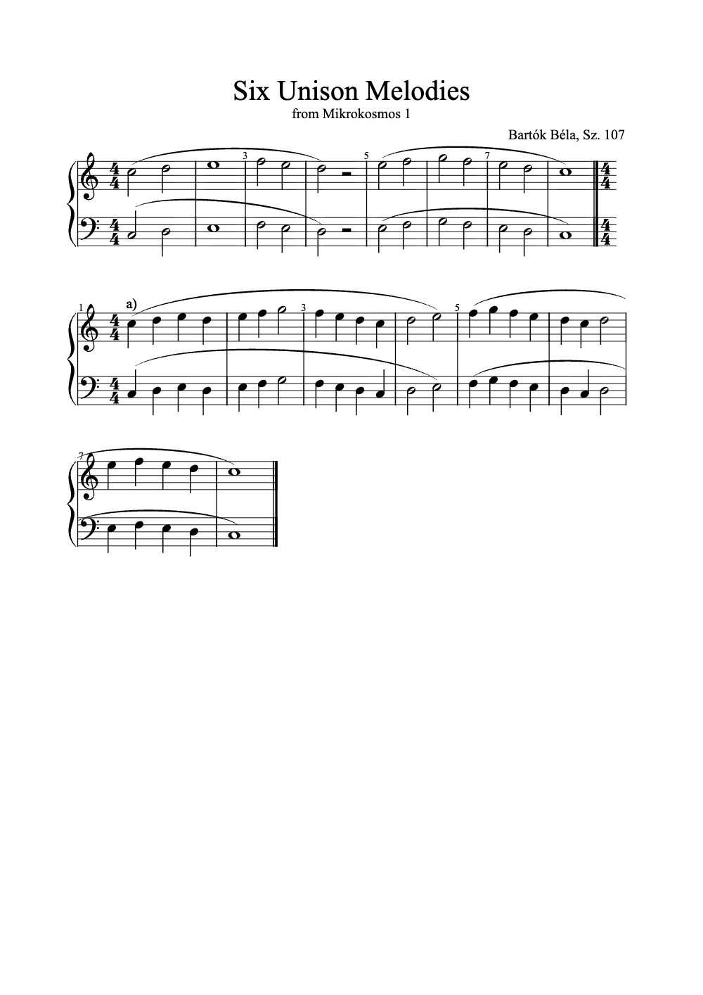 Sheet music preview for Six Unison Melodies