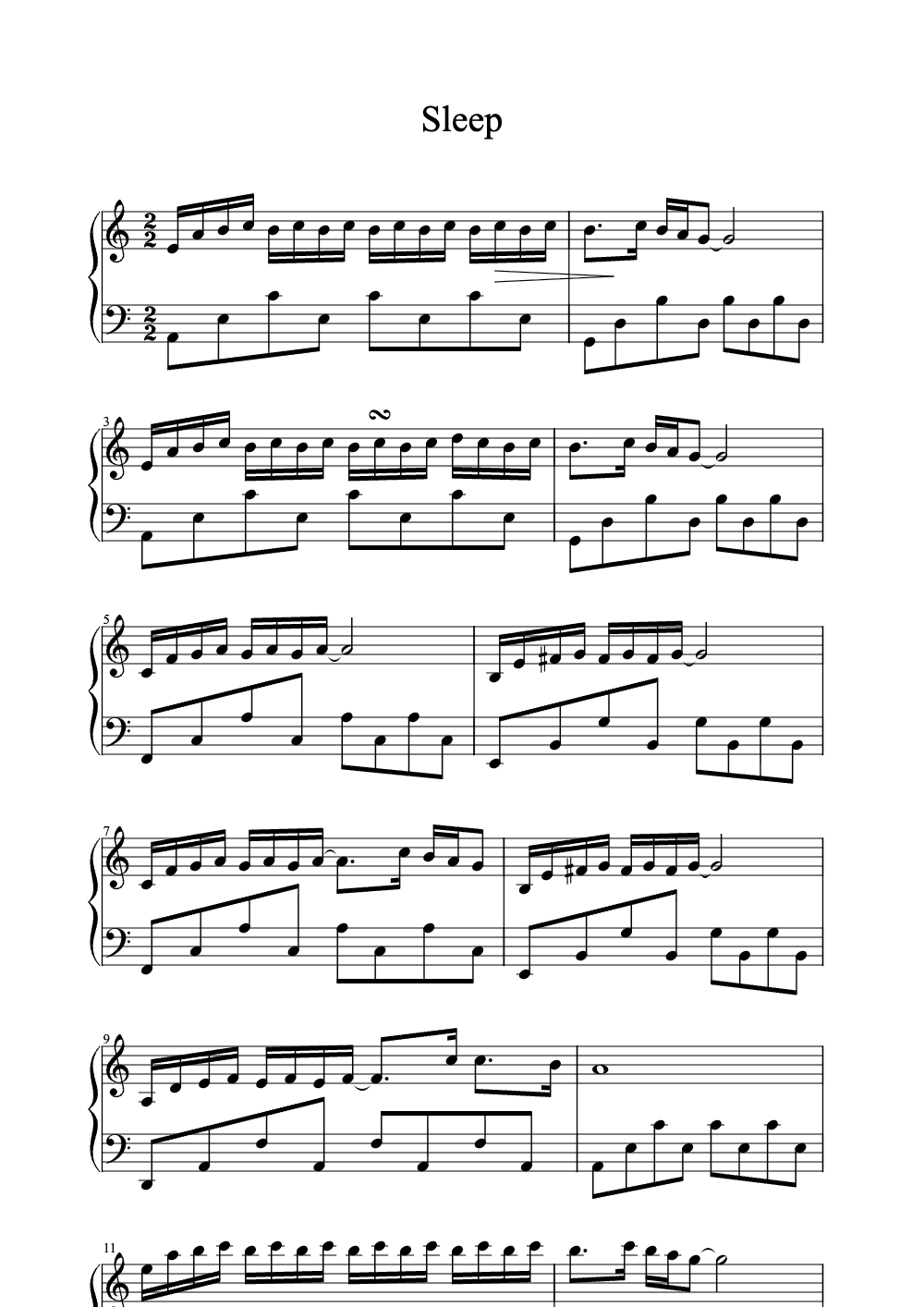 Sheet music preview for Sleep