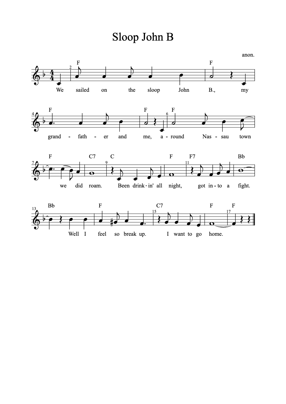 Sheet music preview for Sloop John B