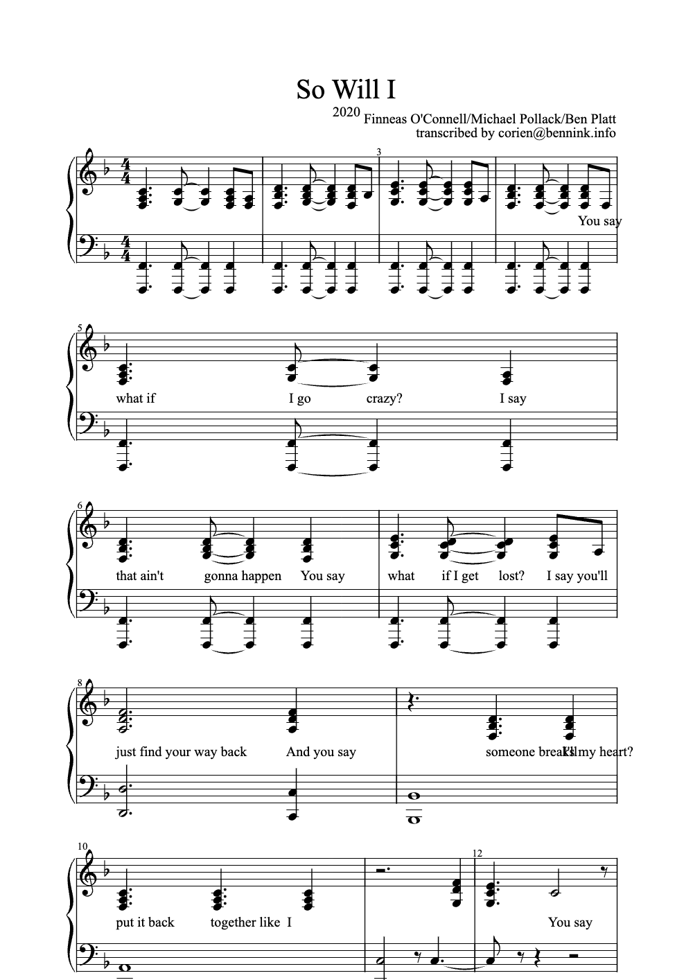 Sheet music preview for So Will I