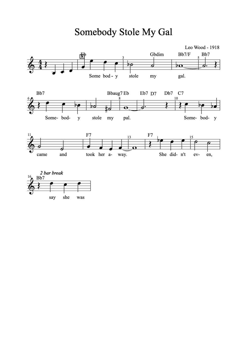 Sheet music preview for Somebody Stole My Gal