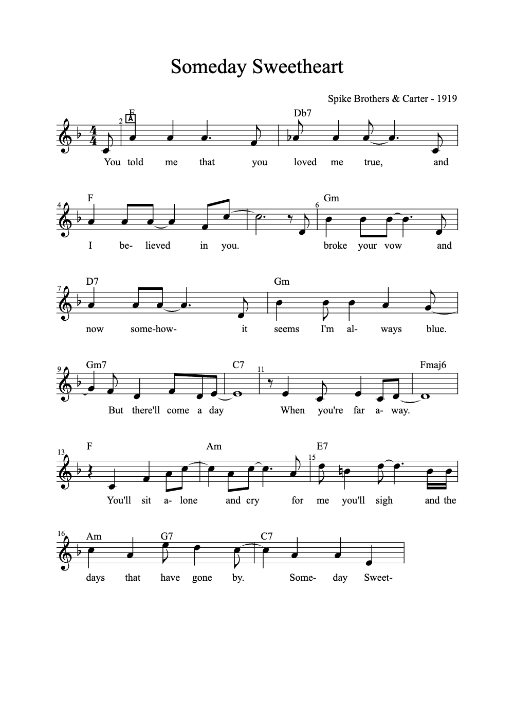 Sheet music preview for Someday Sweetheart
