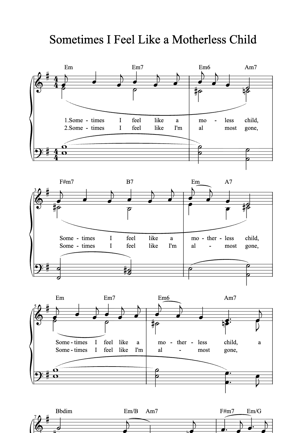 Sheet music preview for Sometimes I Feel Like a Motherless Child