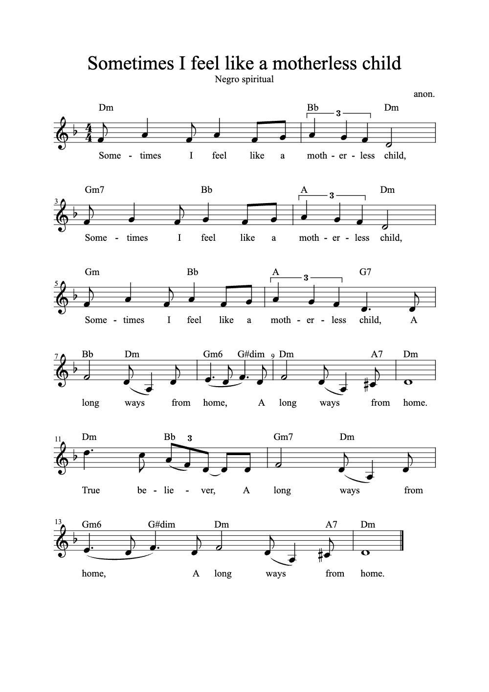 Sheet music preview for Sometimes I Feel Like a Motherless Child