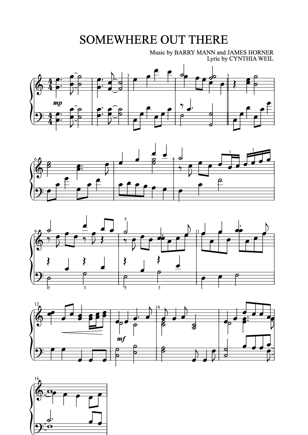 Sheet music preview for Somewhere Out There