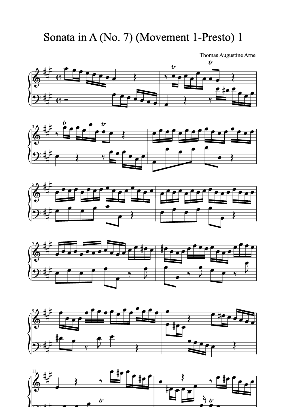Sheet music preview for Sonata in A (No. 7) (Movement 1 - Presto)
