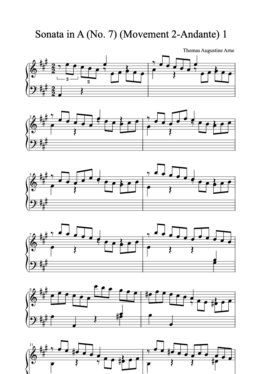 Sheet music preview for Sonata in A (No. 7) (Movement 2 - Andante)