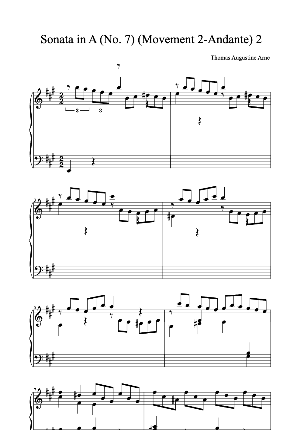 Sheet music preview for Sonata in A (No. 7) (Movement 2-Andante)