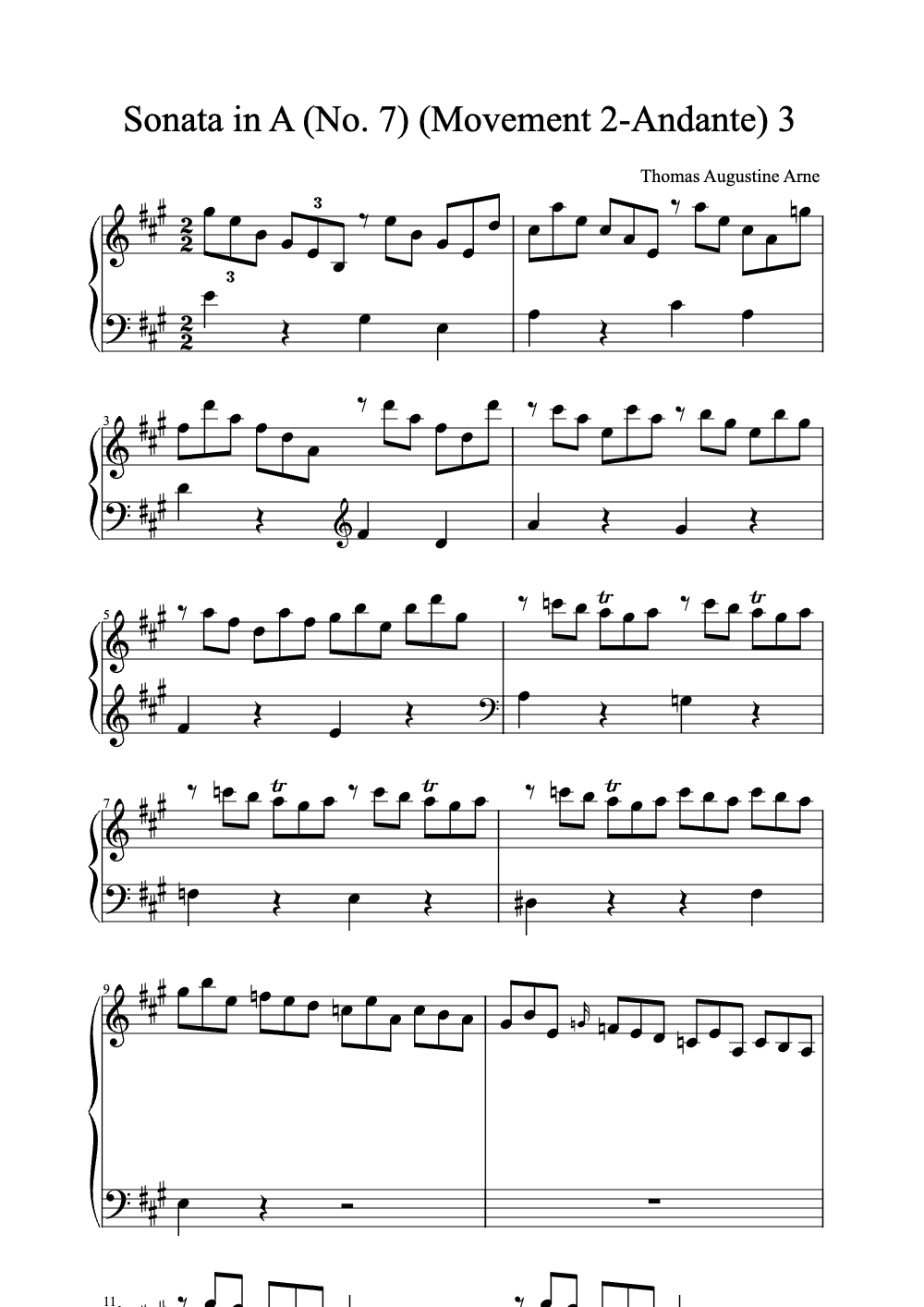 Sheet music preview for Sonata in A (No. 7) (Movement 2-Andante)