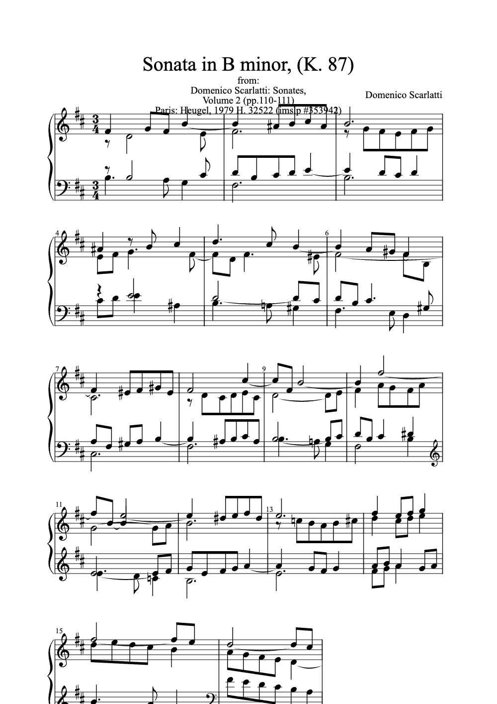 Sheet music preview for Sonata in B Minor, K. 87