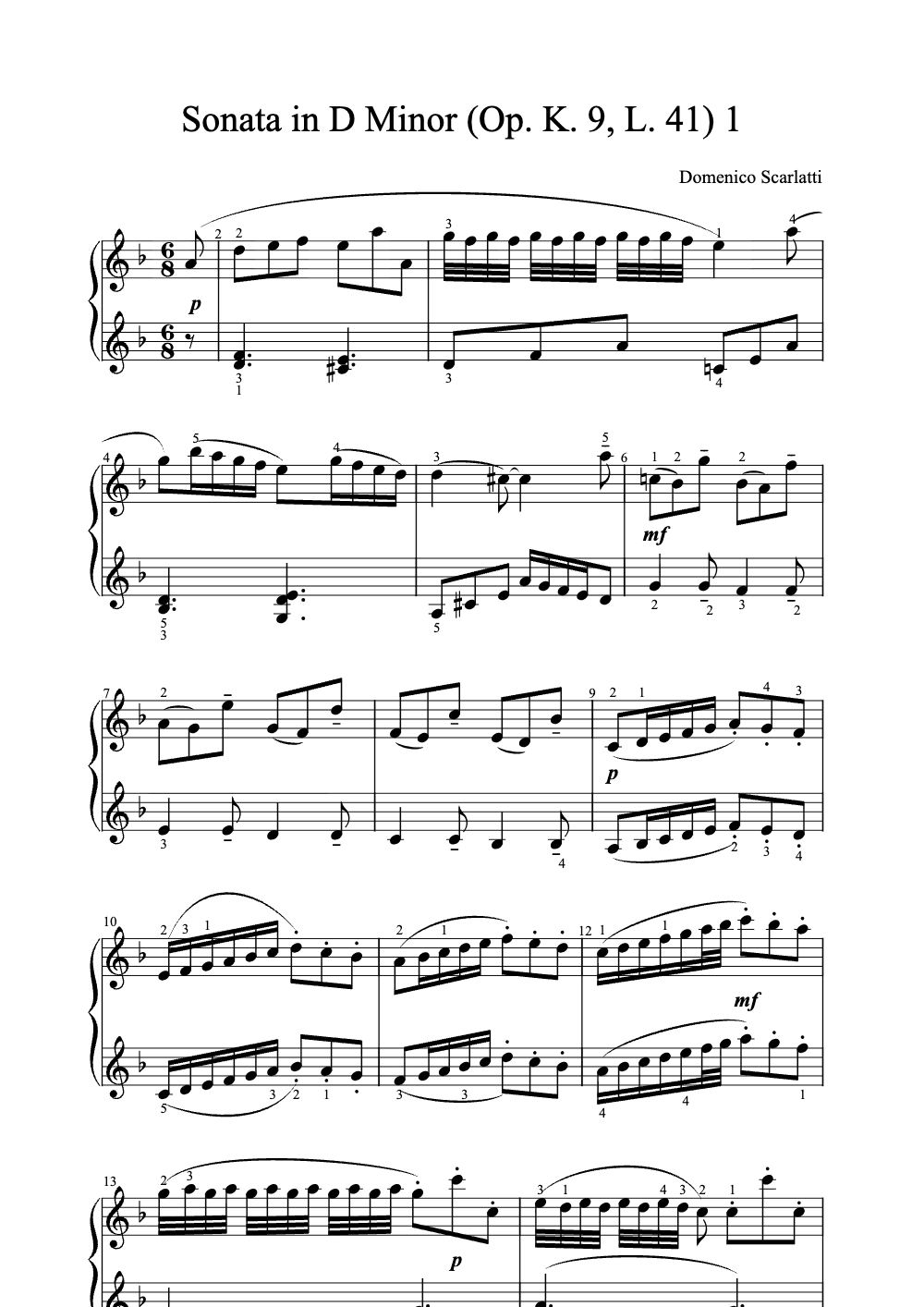 Sheet music preview for Sonata in D Minor