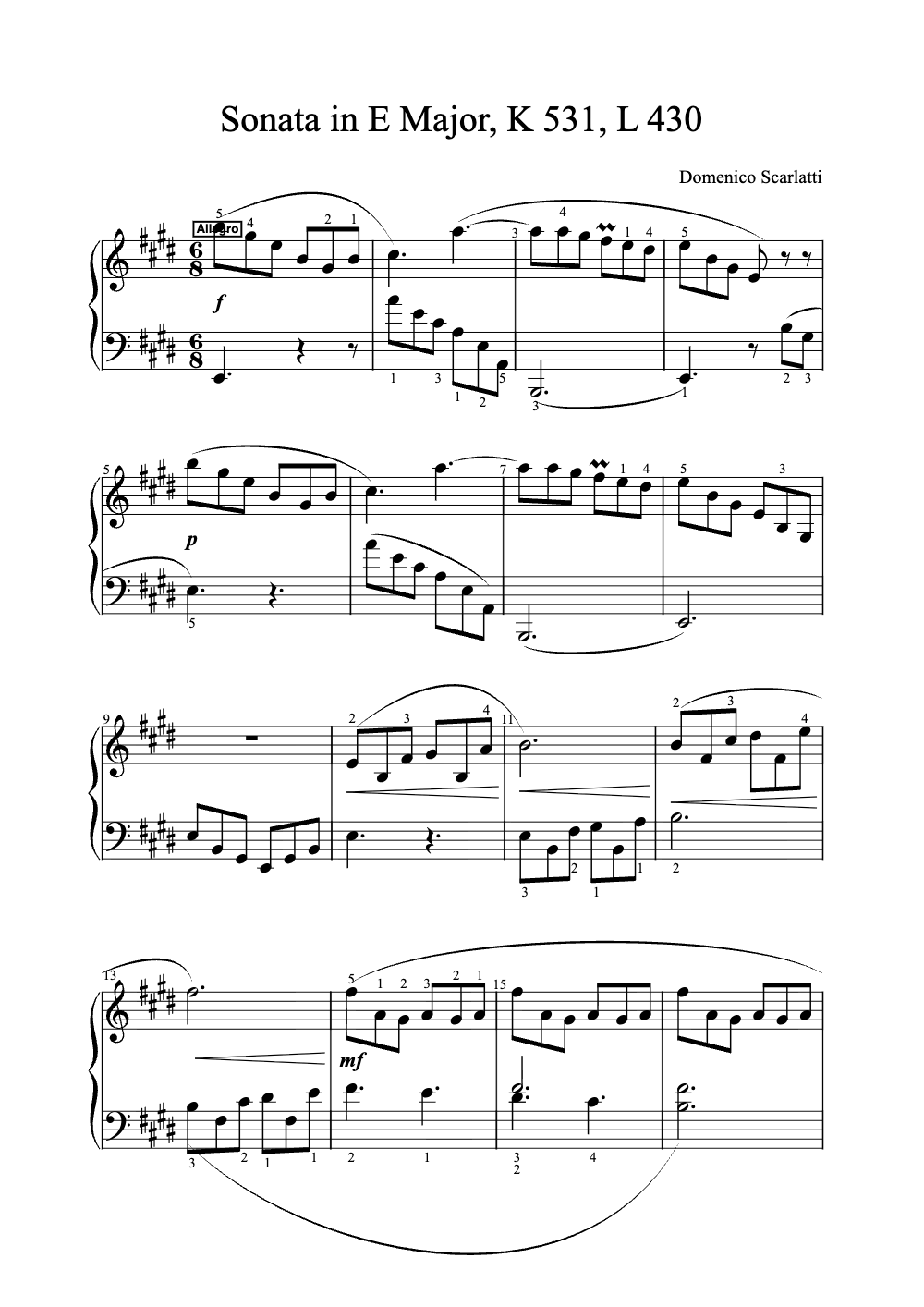 Sheet music preview for Sonata in E Major, K 531, L 430