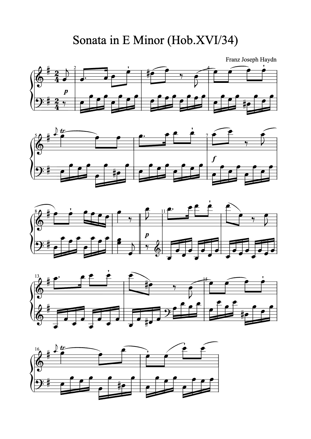 Sheet music preview for Sonata in E Minor (Hob.XVI/34)