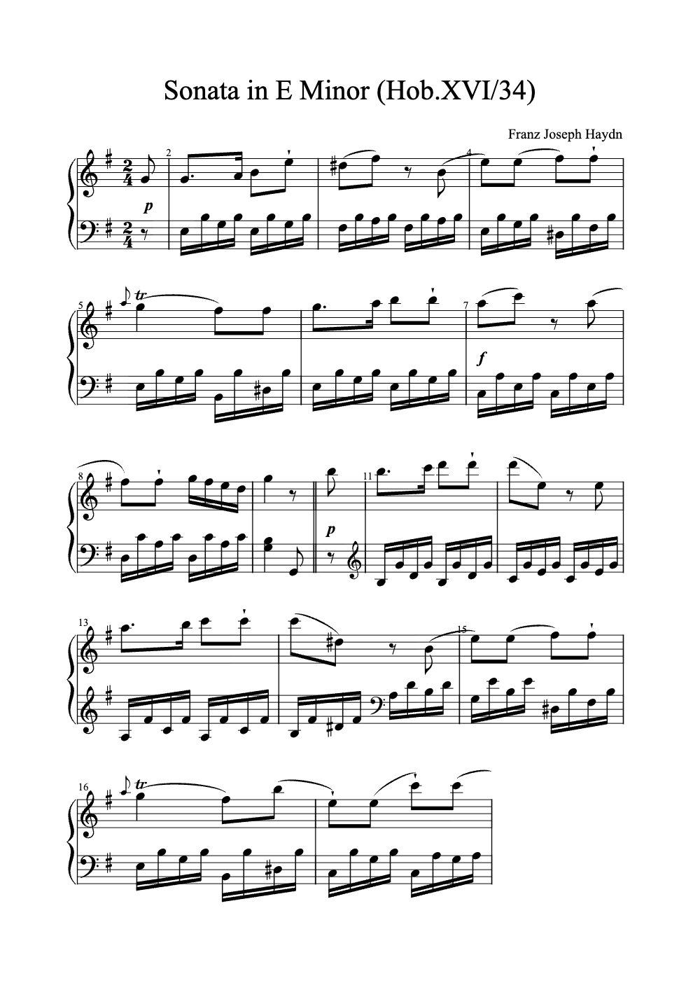 Sheet music preview for Sonata in E Minor (Hob. XVI/34)