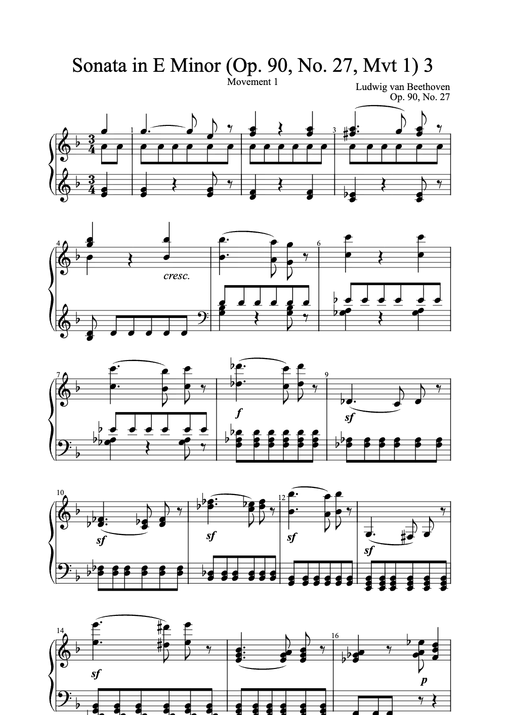 Sheet music preview for Sonata in E Minor (Op. 90, No. 27, Mvt 1)