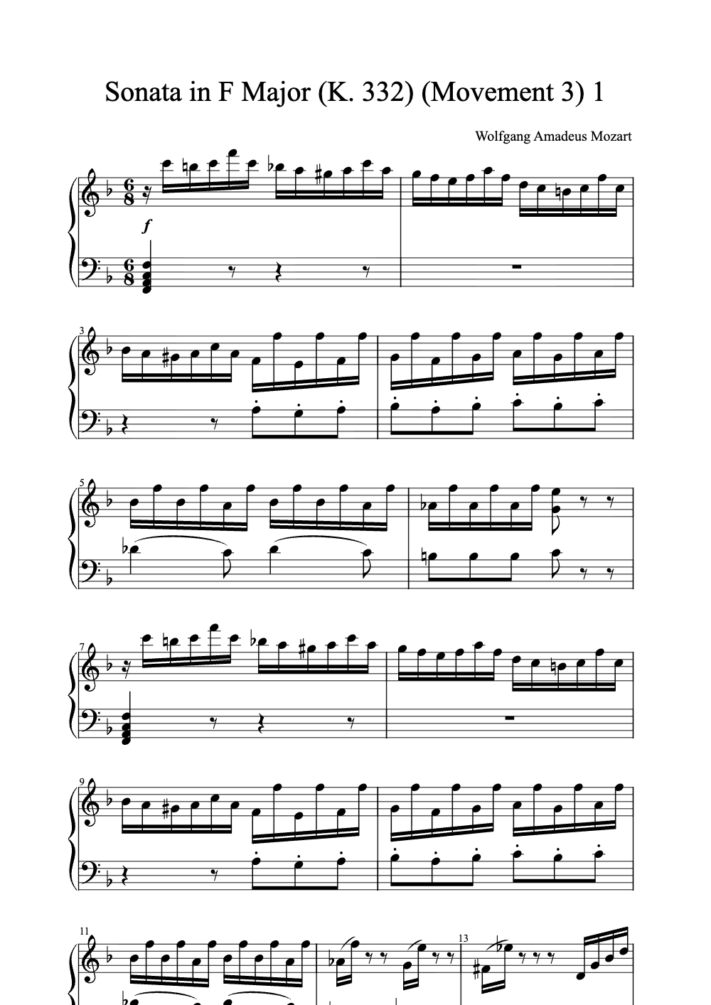 Sheet music preview for Sonata in F Major, K. 332 (Movement 3)