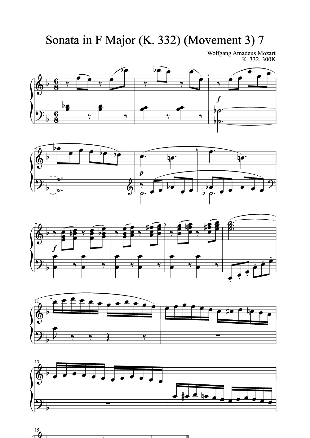 Sheet music preview for Sonata in F Major, K. 332 (Movement 3)