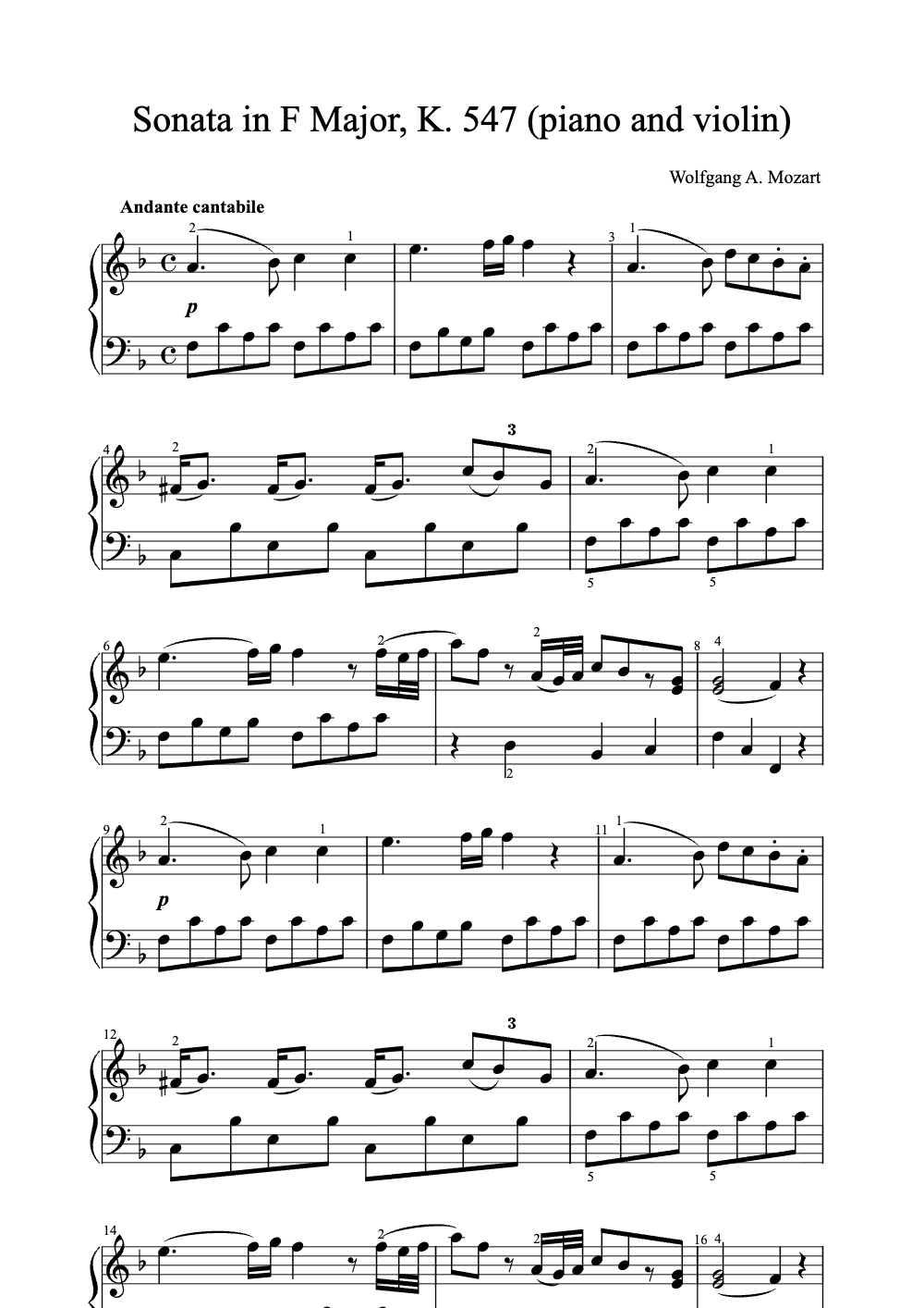 Sheet music preview for Sonata in F Major, K. 547