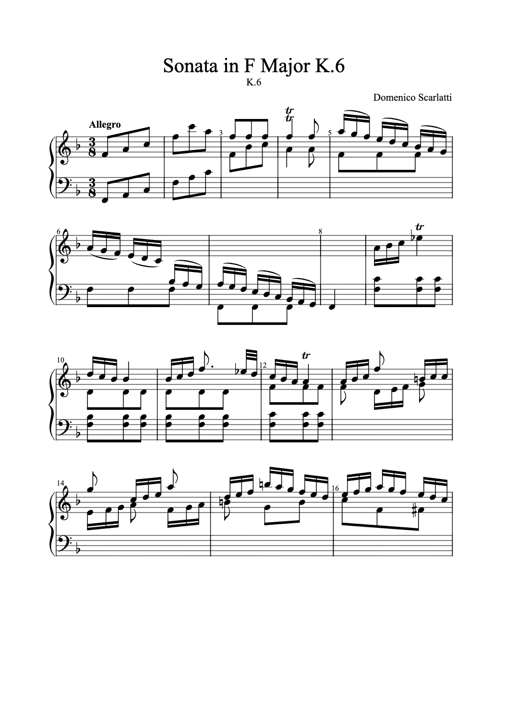 Sheet music preview for Sonata in F Major K. 6