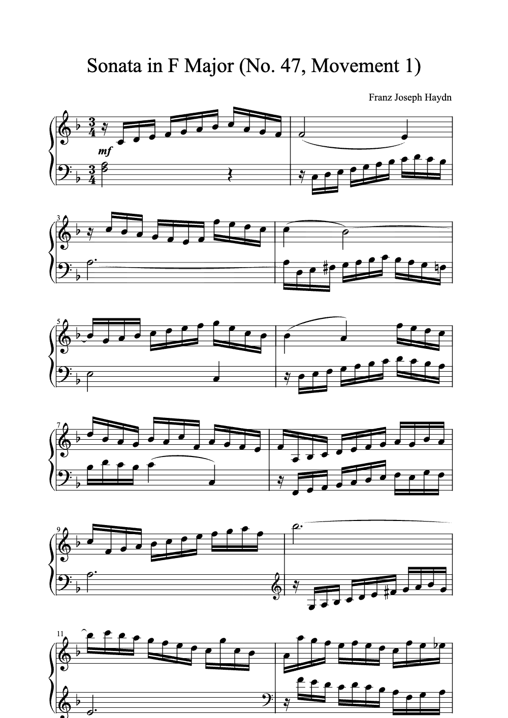Sheet music preview for Sonata in F Major (No. 47, Movement 1)