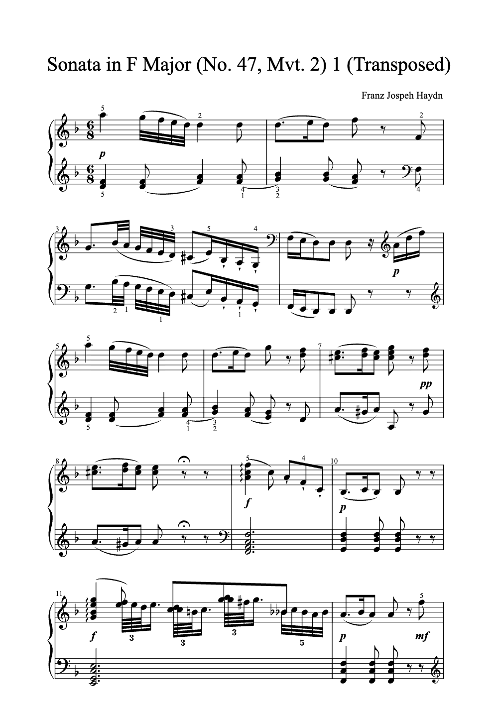 Sheet music preview for Sonata in F Major (No. 47, Mvt. 2)