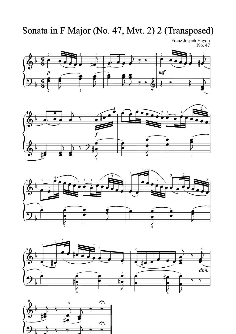 Sheet music preview for Sonata in F Major (No. 47, Mvt. 2)
